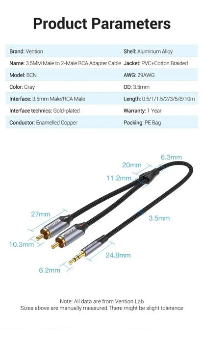 Cable Trenzado Adaptador De Aux 3,5mm A 2 Rca 3m Vention