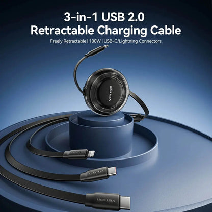 Cable Cargador Y Datos 3 En 1 Usb C 2,0 1,10 Metros Vention Negro