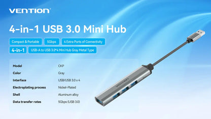 Hub Adaptador Multipuerto Usb 3,0 4 En 1 0,15 Metros Vention Gris Oscuro