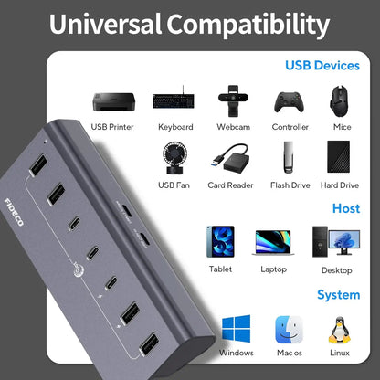 Hub Usb 7 Puertos Usb 3,0 + Usb C 10 Gbps Fideco Negro