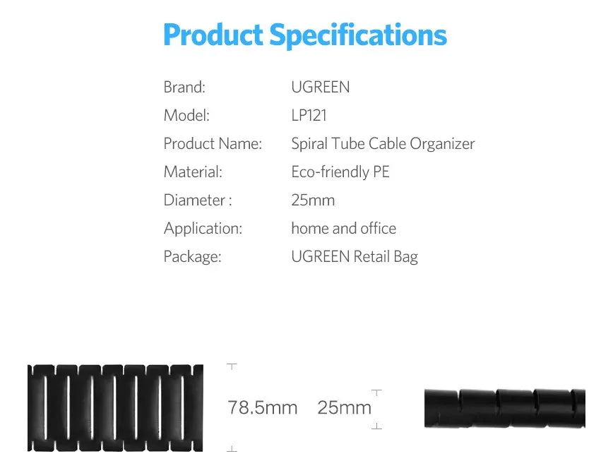 Organizador De Cables Helicoidal Espiral 25mm 1,5m Ugreen