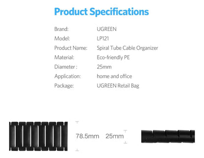 Organizador De Cables Helicoidal Espiral 25mm 1,5m Ugreen
