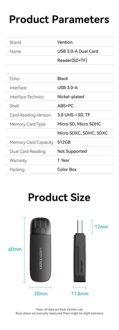 Lectora De Tarjeta - 2 En 1 - Usb 3,0 Sd Tf - Dual - Vention