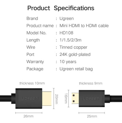 Cable Mini Hdmi A Hdmi Macho A Macho 4k 60hz 1,5m Ugreen