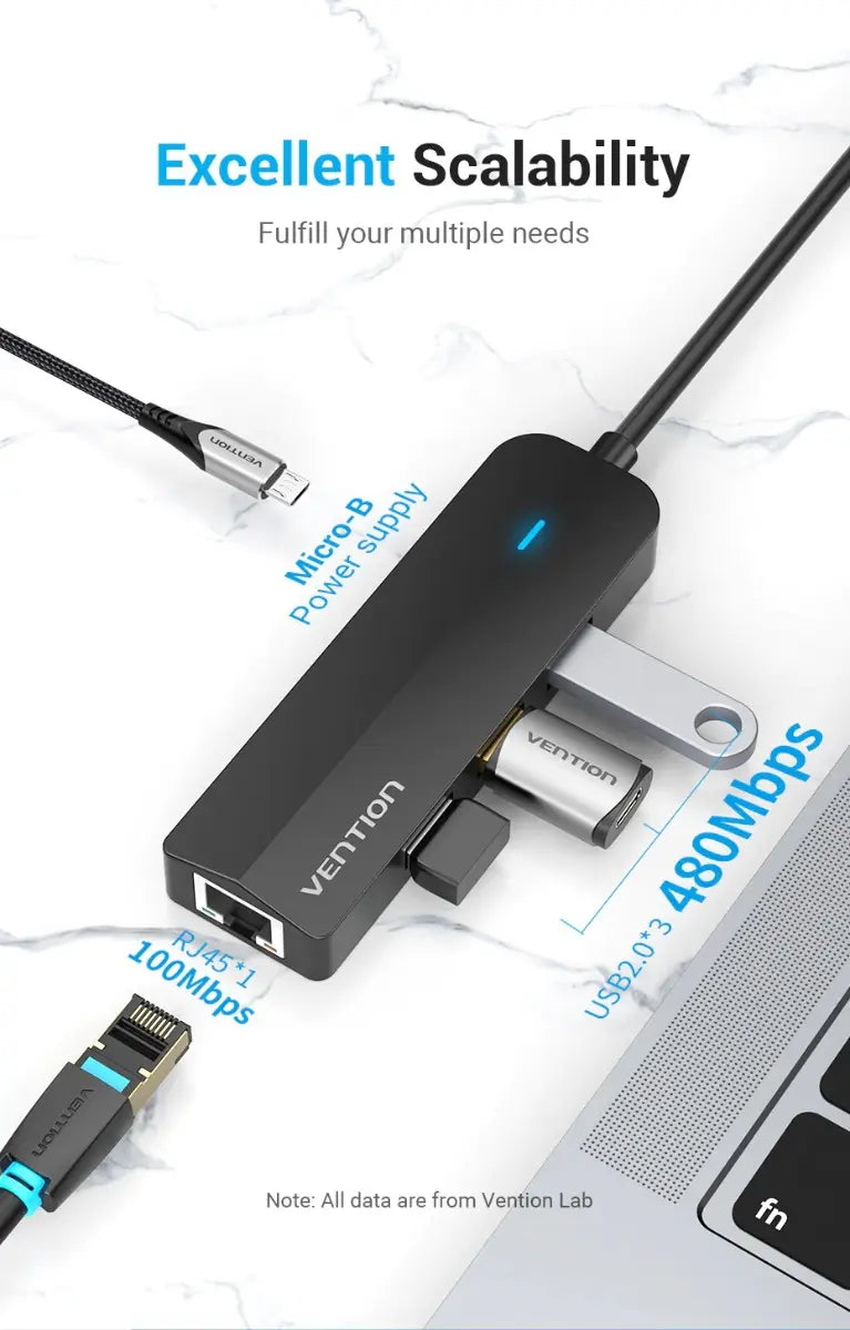 Hub Multipuerto 5 En 1 Usb-c A Usb Red Rj45 Micro B Vention Negro