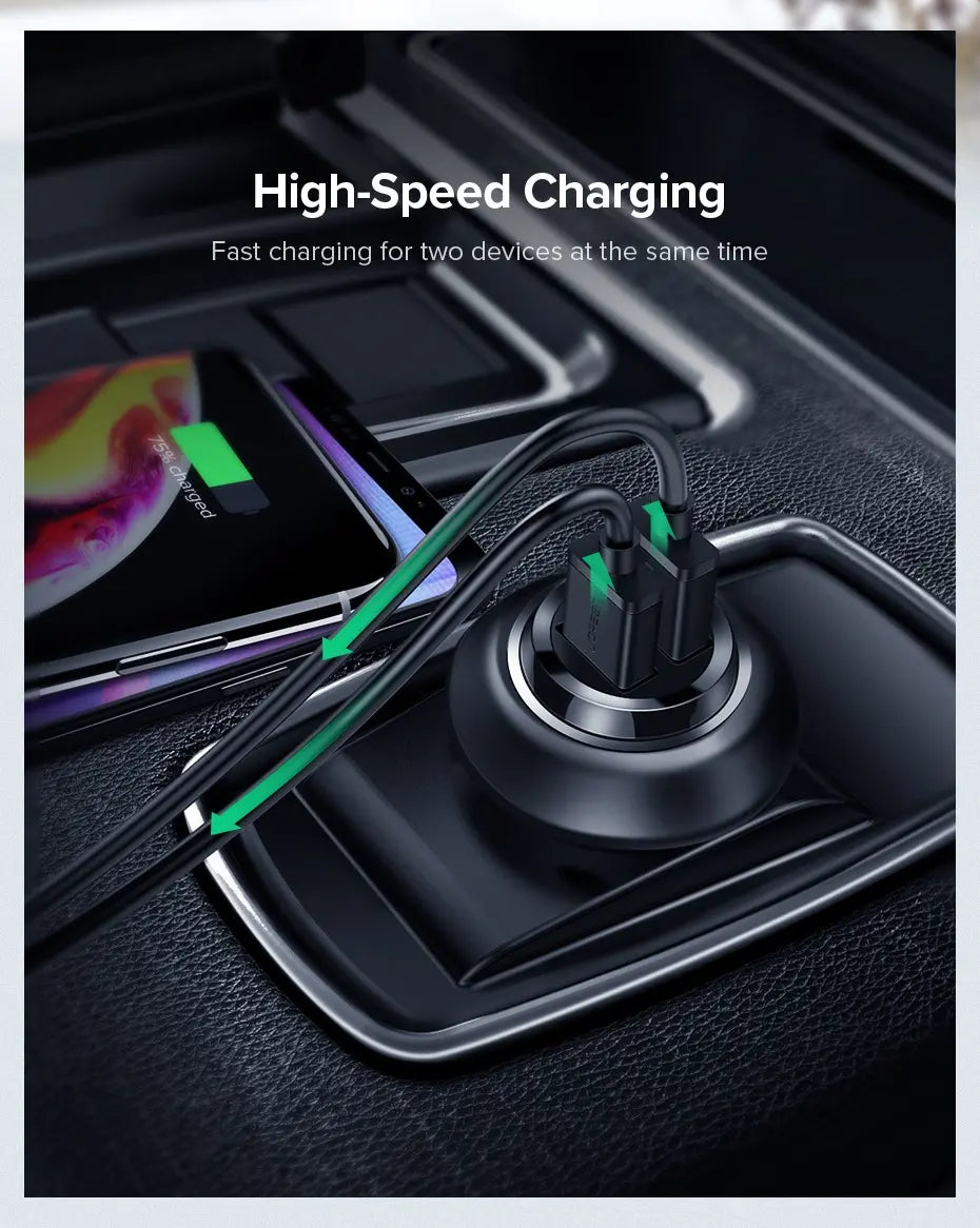 Cargador Auto Carga Rapida Usb X2 2,4a 5v Compacto Ugreen Negro