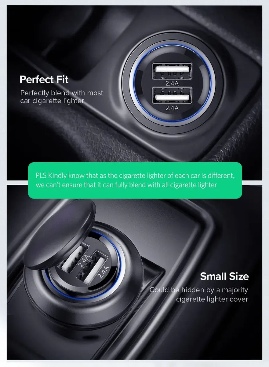 Cargador Auto Carga Rapida Usb X2 2,4a 5v Compacto Ugreen Negro