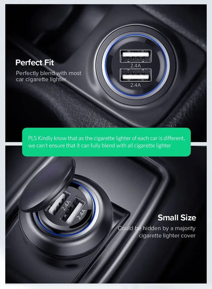 Cargador Auto Carga Rapida Usb X2 2,4a 5v Compacto Ugreen Negro