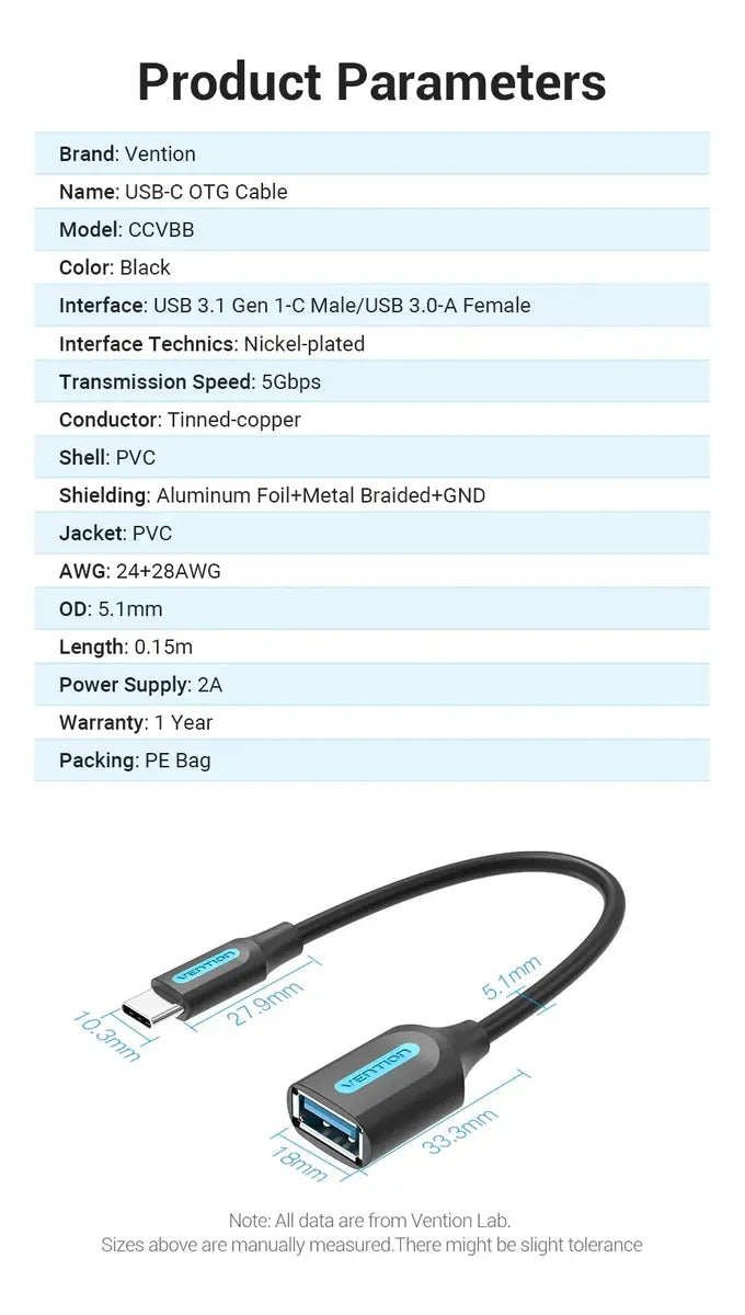 Cable Adaptador Usb 3,1 Macho A Usb Hembra 0,15 M Vention Negro