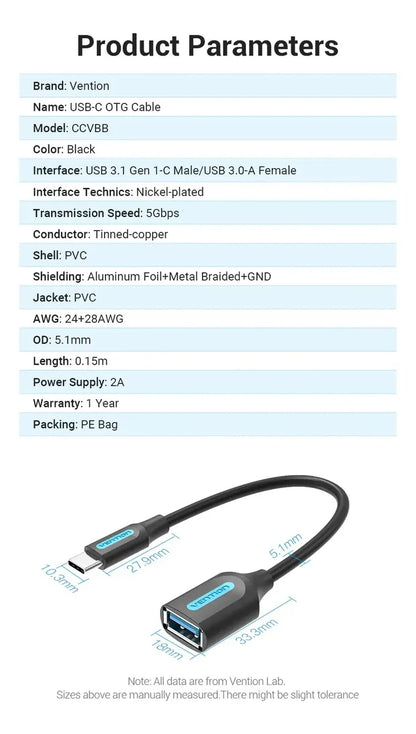 Cable Adaptador Usb 3,1 Macho A Usb Hembra 0,15 M Vention Negro
