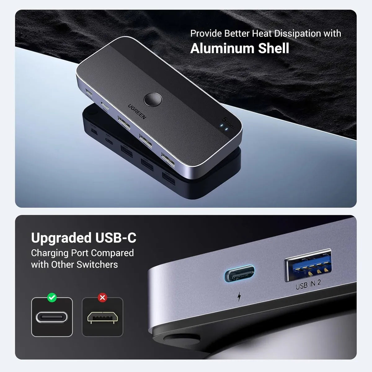 Hub Switch Conmutador 2 Pc Compartir 4 Puertos Usb Ugreen Negro
