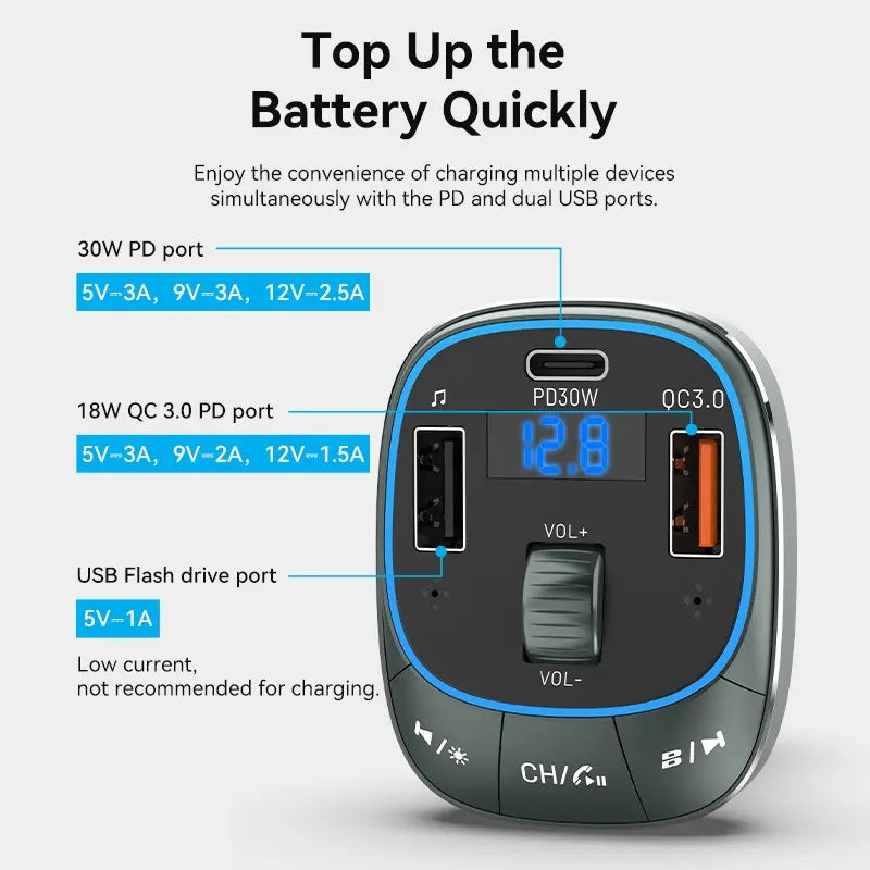 Cargador Usb Para Auto Celular Carga Rapida 30w Bluetooth Negro
