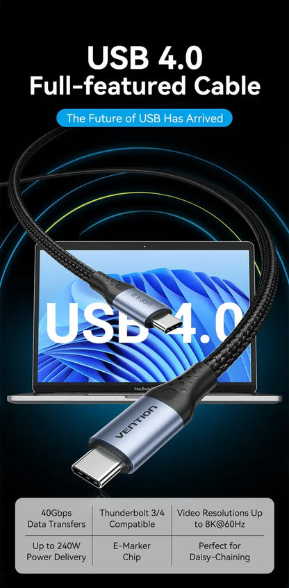 Cable Usb C 4,0 Trenzado 8k 60hz 5a 240w 40gbps 1m Vention - Negro