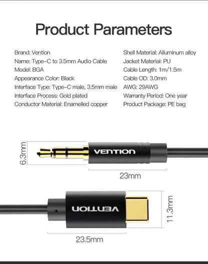 Cable Adaptador Auxiliar Jack 3,5 Plug A Usb Tipo C Vention