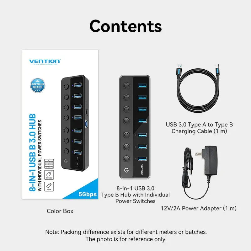 Hub Usb 3,0 7 En 1 Con Switch Encendido Con Fuente Vention Negro