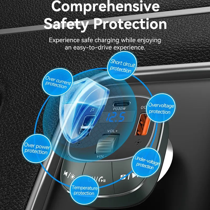 Cargador Usb Para Auto Celular Carga Rapida 30w Bluetooth Negro