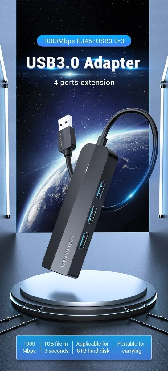 Hub Adaptador 3 Puertos Usb 3,0 + Red Lan Rj45 + Pd Vention Negro