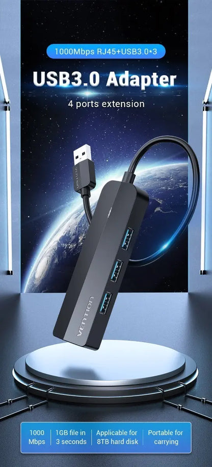 Hub Adaptador 3 Puertos Usb 3,0 + Red Lan Rj45 + Pd Vention Negro