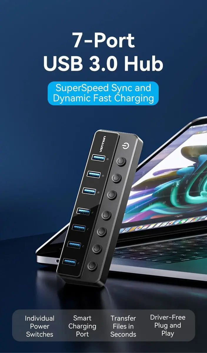 Hub Usb 3,0 7 En 1 Con Switch Encendido Con Fuente Vention Negro