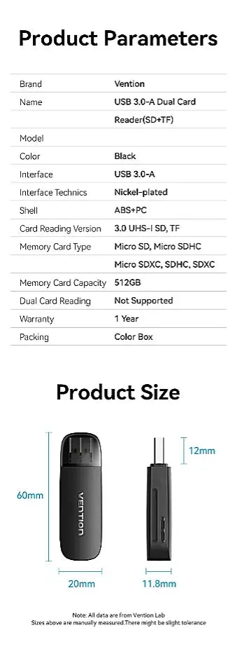Lectora De Tarjeta - 2 En 1 - Usb 3,0 - Sd Tf Single Vention Negro