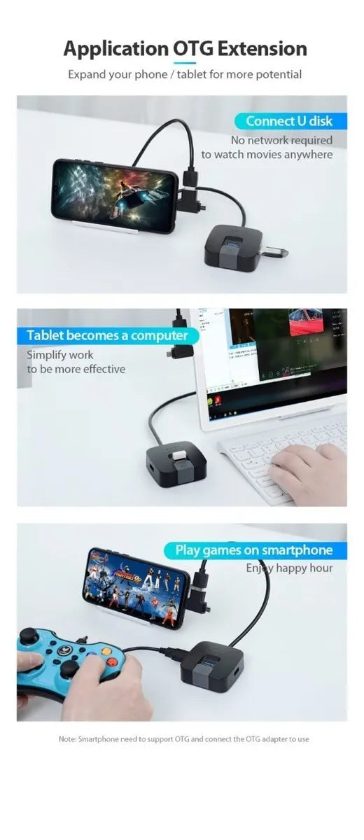 Hub Cable Usb - 1 Puerto Usb 3,0 + 3 Puertos Usb 2,0 Vention Negro