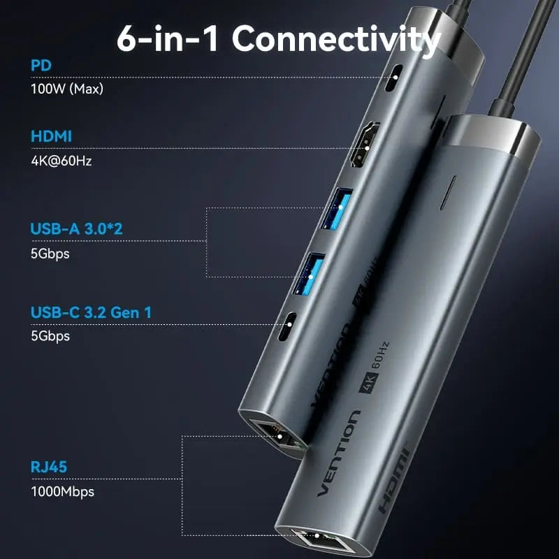 Hub Usb Multipuerto 6 En 1 Vention Usb C 3,2 Rj45 Hdmi 4k Plateado