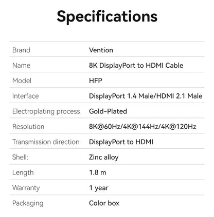 Cable Display Port A Hdmi 2,1 Gamer 8k 4k Hdr 1,8 M Vention