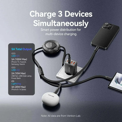 Cable Cargador Y Datos 3 En 1 Usb C 2,0 1,10 Metros Vention Negro