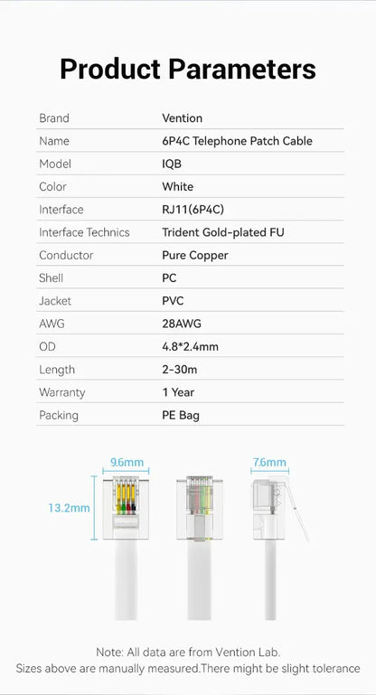 Cable Plano Linea Telefono 30mts Rj11 4 Hilos Blanco Vention