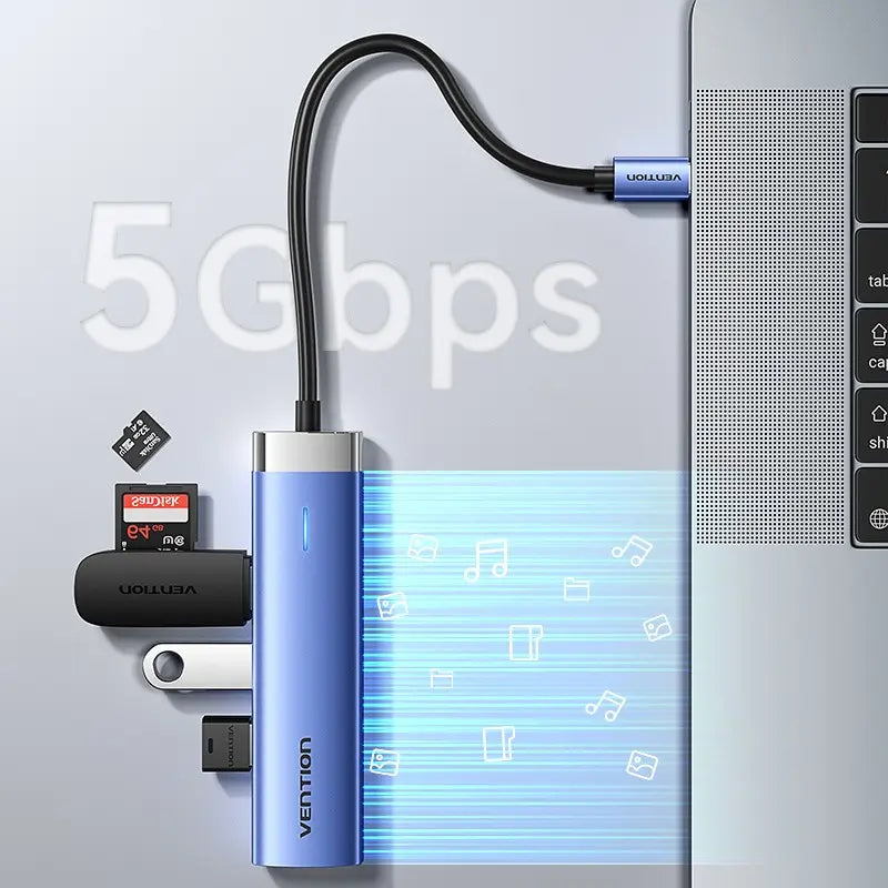 Hub Multipuerto Usb C 5 En 1 Hdmi 4k Carga 100w 3,0 Vention Azul Acero