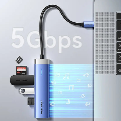 Hub Multipuerto Usb C 5 En 1 Hdmi 4k Carga 100w 3,0 Vention Azul Acero