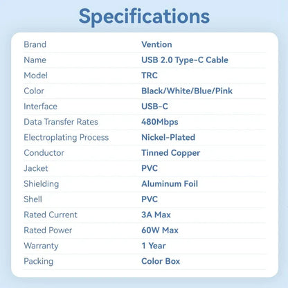 Cable Usb C Carga Rapida 60w 3a 1 Metro Vention