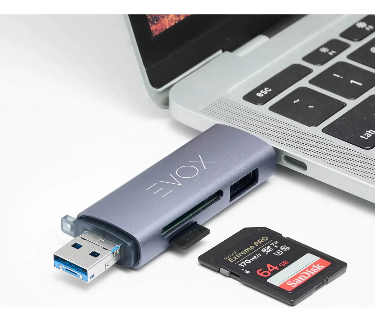 Lector Memorias Usb 3,0 Micro Usb C Sd Sdhc Tf 3 En 1 Evox Plateado