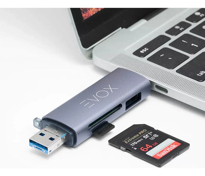 Lector Memorias Usb 3,0 Micro Usb C Sd Sdhc Tf 3 En 1 Evox Plateado
