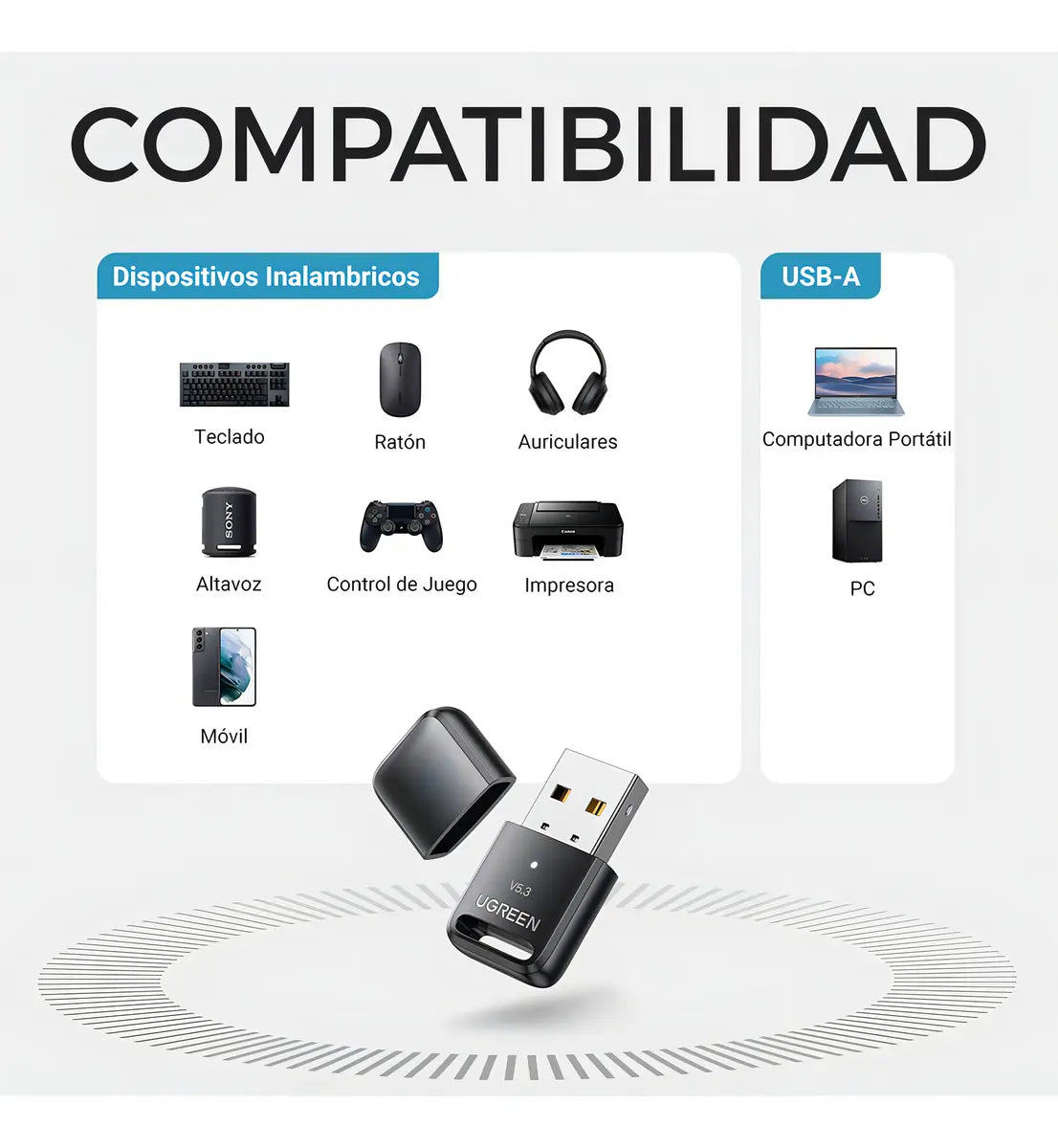 Receptor Bluetooth 5,3 Usb Adaptador Para Pc 20m Ugreen