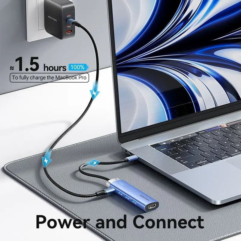 Hub Multipuerto Usb C 5 En 1 Hdmi 4k Carga 100w 3,0 Vention Azul Acero