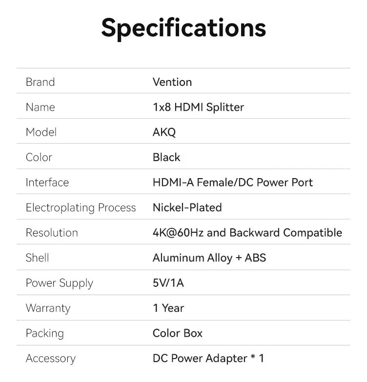 Splitter Hdmi 1x8 Salidas 2k4k Amplificador C/fuente Vention