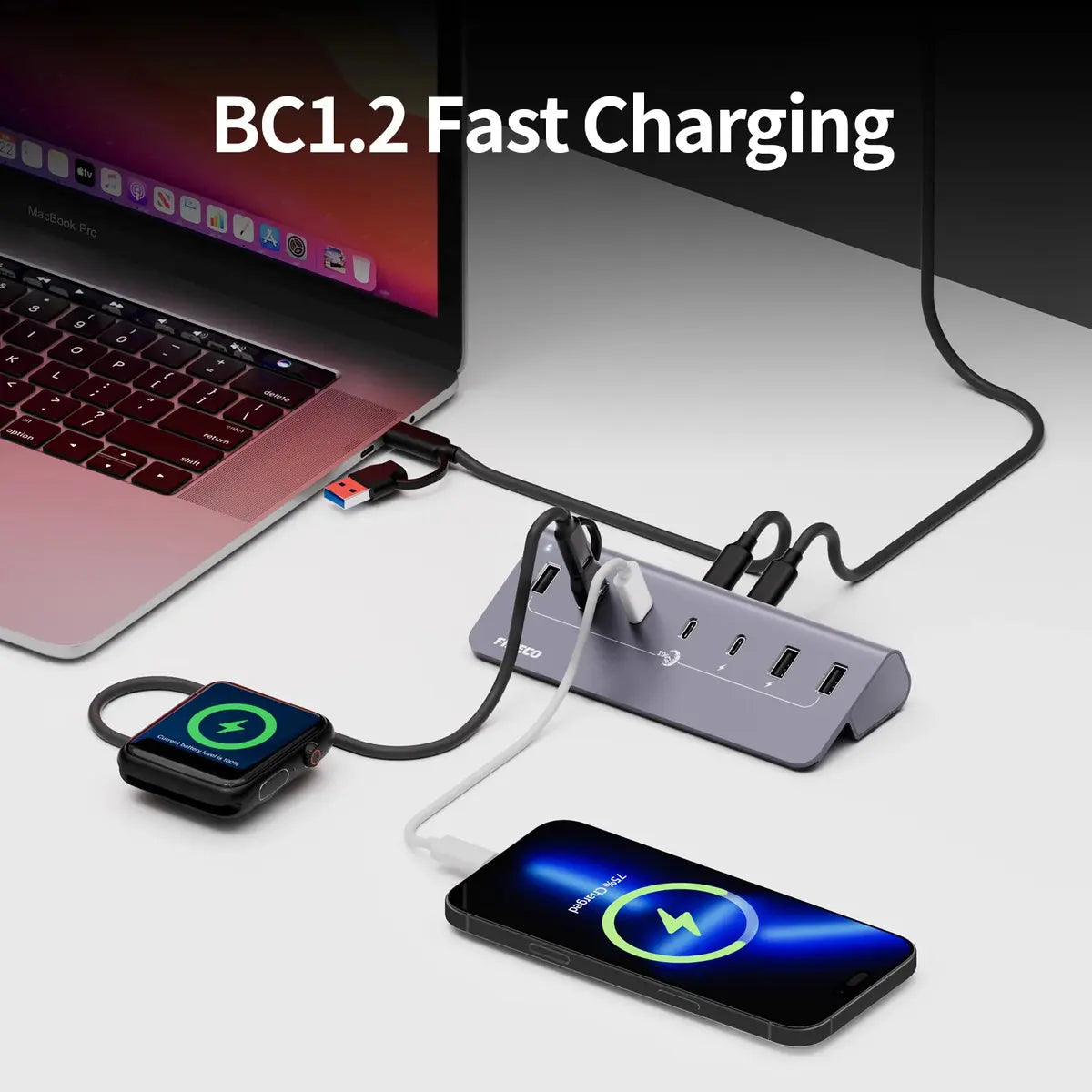 Hub Usb 7 Puertos Usb 3,0 + Usb C 10 Gbps Fideco Negro