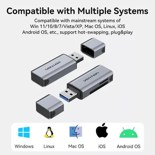 Lectora De Tarjeta - 2 En 1 - Usb 3,0 - Sd Tf Dual Vention Gris