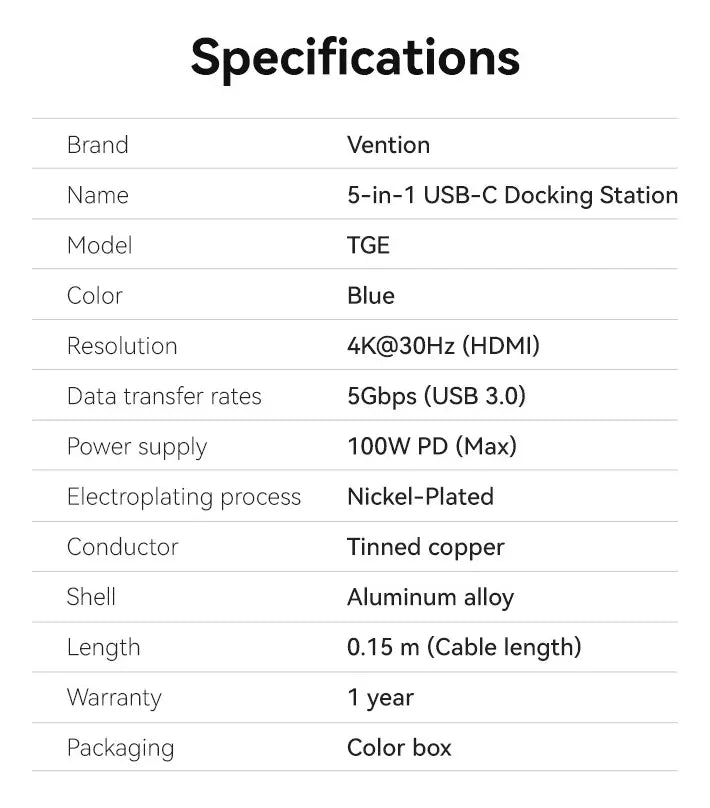 Hub Multipuerto Usb C 5 En 1 Hdmi 4k Carga 100w 3,0 Vention Azul Acero