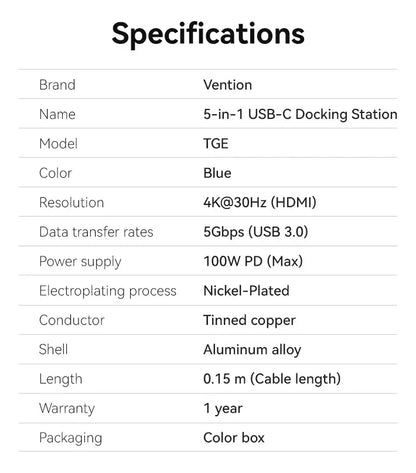 Hub Multipuerto Usb C 5 En 1 Hdmi 4k Carga 100w 3,0 Vention Azul Acero