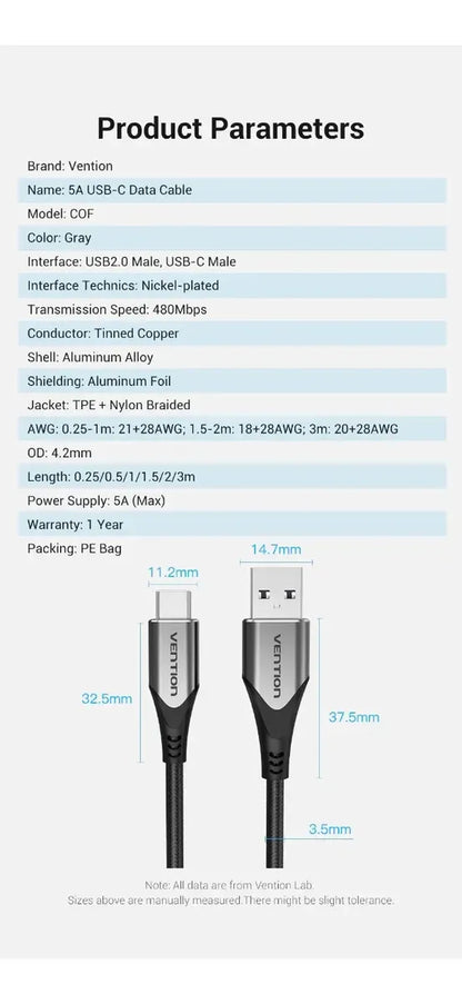 Cable Carga Y Datos - Usb-c A Usb - 2,0 - 5a - 3m - Vention