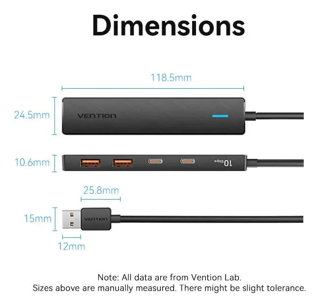 Hub 5 En 1 Usb A 2 Usb 3,2 + 3 Usb C 0,15 Metros Vention Negro