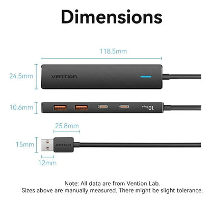 Hub 5 En 1 Usb A 2 Usb 3,2 + 3 Usb C 0,15 Metros Vention Negro