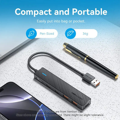 Hub 5 En 1 Usb A 2 Usb 3,2 + 3 Usb C 0,15 Metros Vention Negro