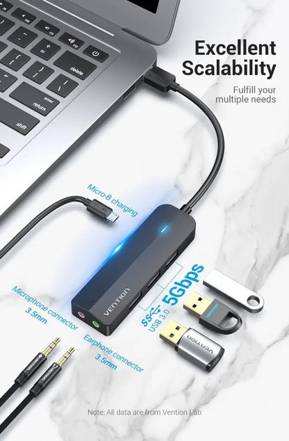 Hub Multipuerto 3 Puertos Usb 3,0 Tarjeta De Sonido Vention Negro