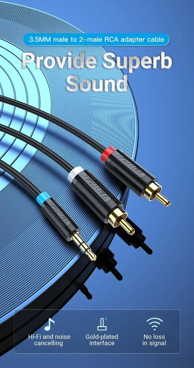 Cable Auxiliar Adaptador De 3,5 Mm A 2 Rca 2m Macho Vention