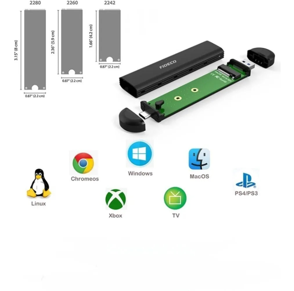 Carry Disk Case M2 Ssd Nvme Sata Dual Usb C + Usb 3,2 Fideco Negro