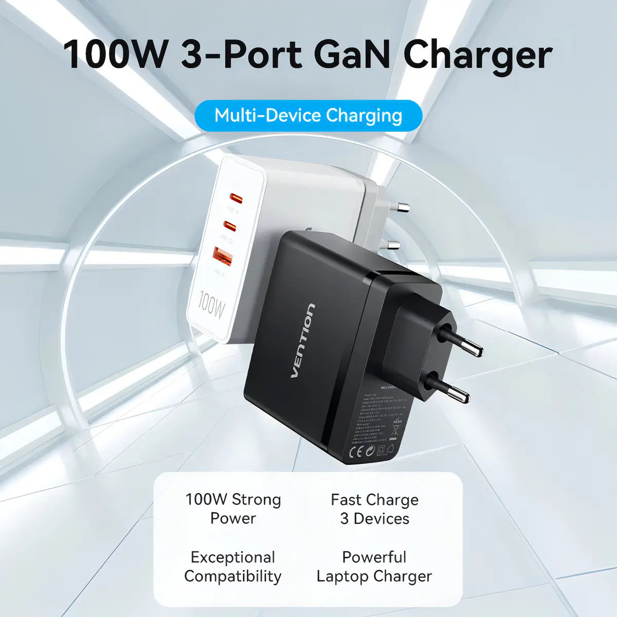Cargador Rapido Usb C + Usb 3 Puertos Fuente 100w Vention