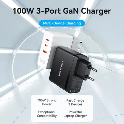 Cargador Rapido Usb C + Usb 3 Puertos Fuente 100w Vention
